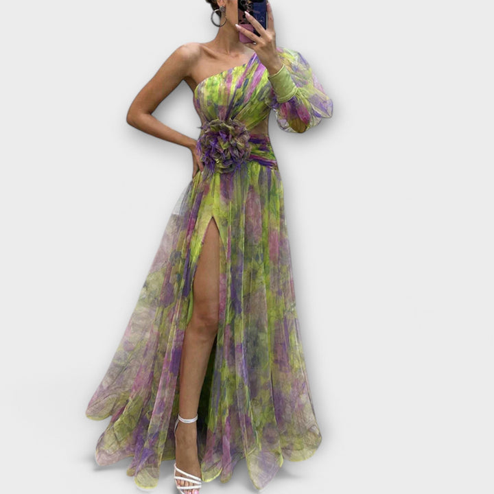 Elegant evening dress with one shoulder strap and tailored cut