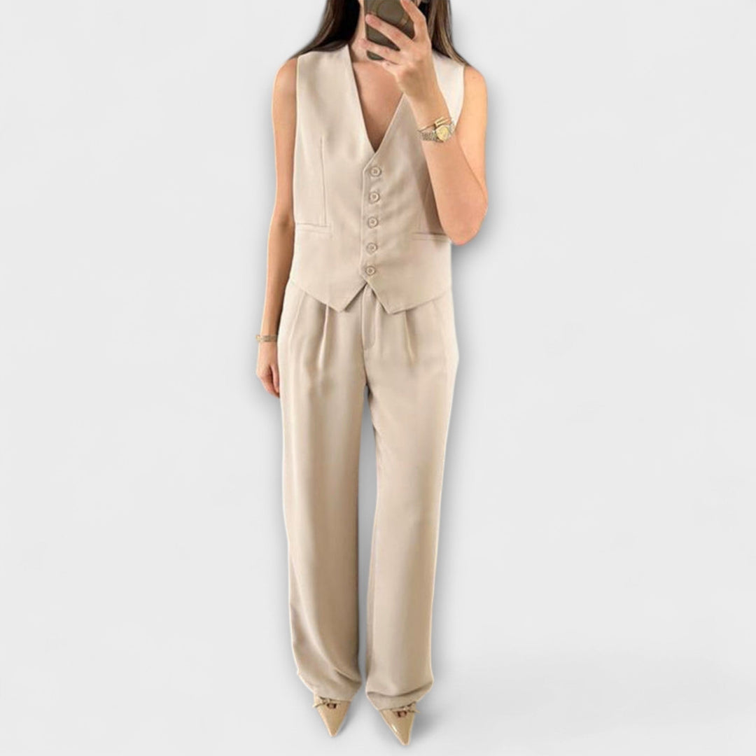 Hazel - Stylish Solid Color V-Neck Vest and Pants Two-Piece Set