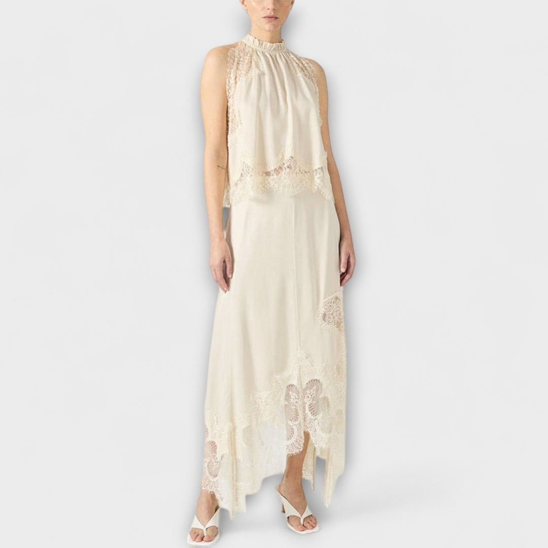 Kaia - Satin blouse with lace trim and pleated neckline in a set