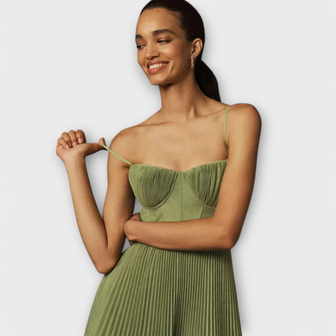 Midi Dress with Tulle Bustier and Pleats