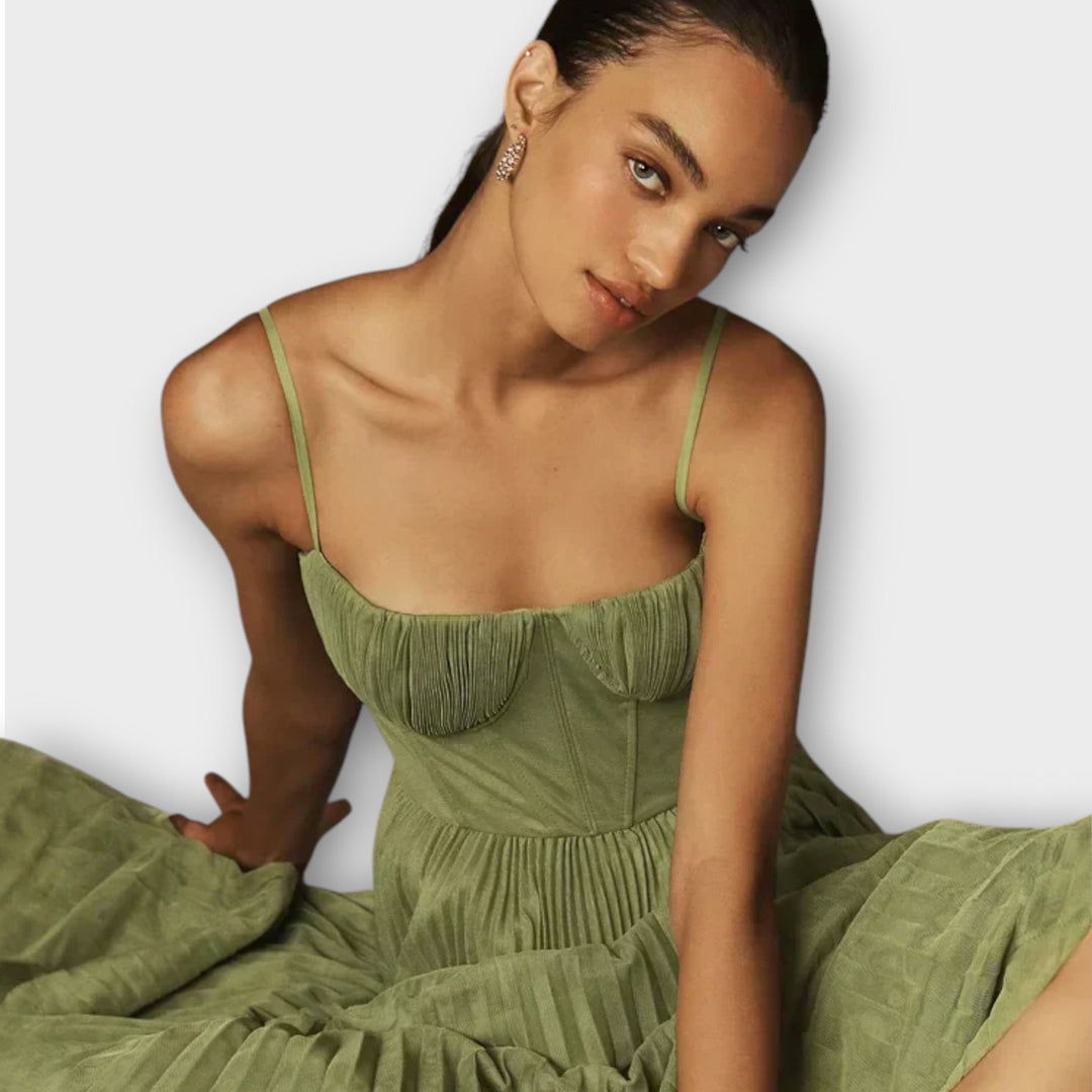 Midi Dress with Tulle Bustier and Pleats