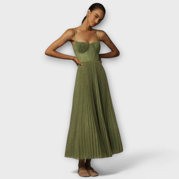 Midi Dress with Tulle Bustier and Pleats