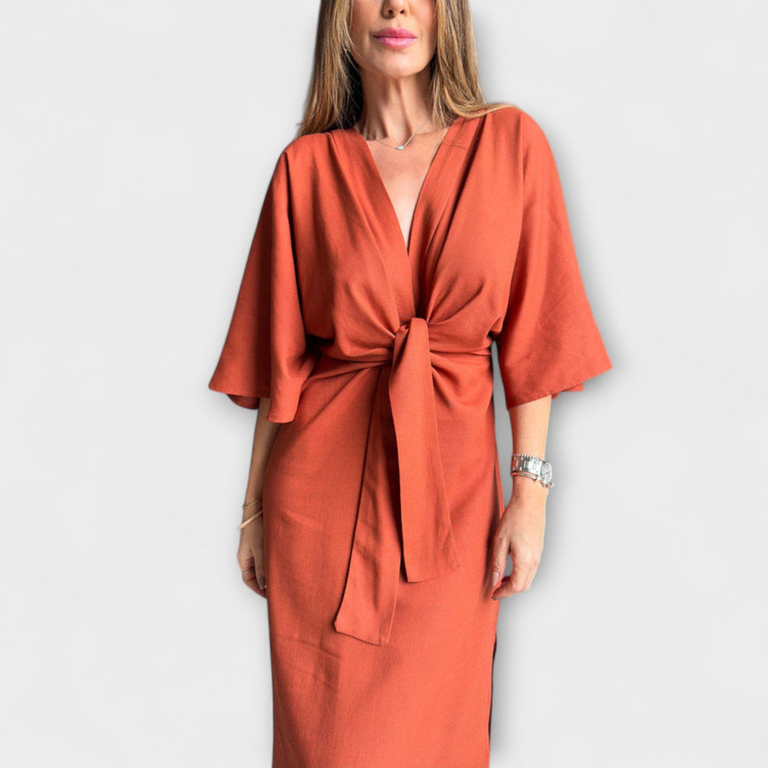 Holly - Casual V-Neck Cotton-Linen Dress with Lacing