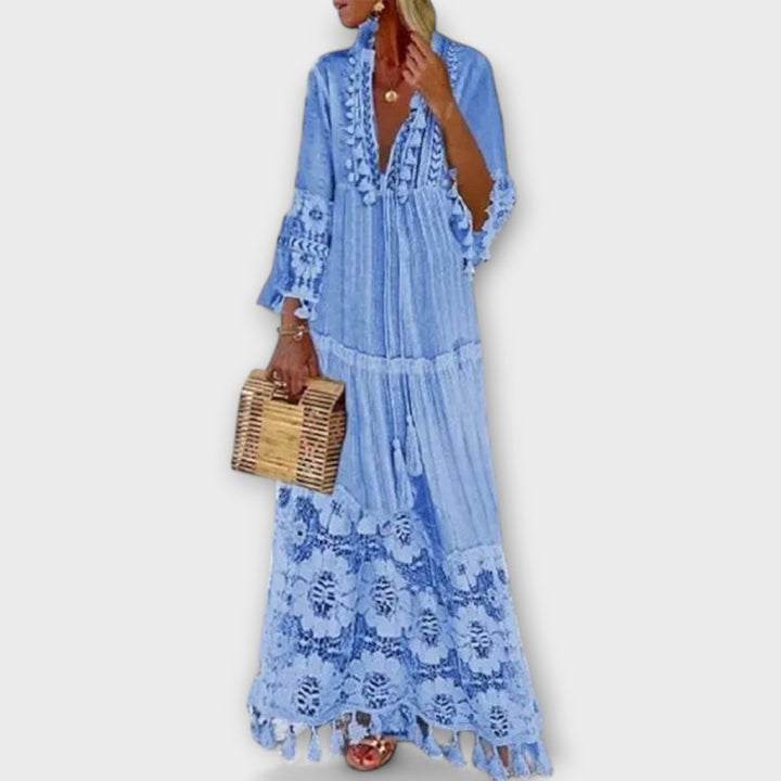 Classic Bohemian Style Long Dress with Long Sleeves, Lace, and Tassels