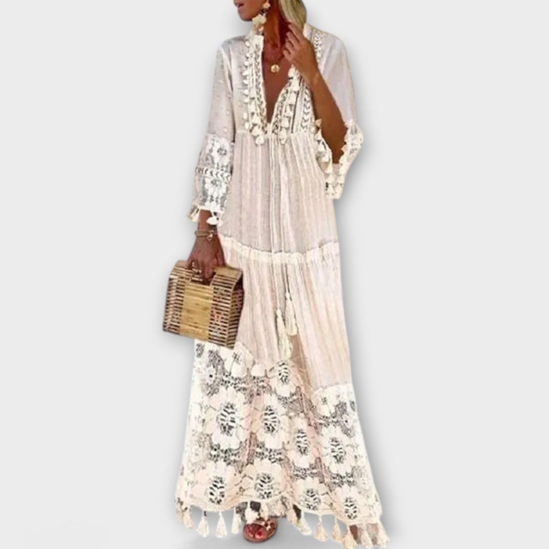 Classic Bohemian Style Long Dress with Long Sleeves, Lace, and Tassels