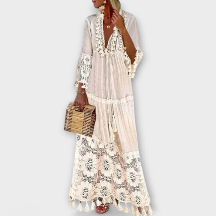 Classic Bohemian Style Long Dress with Long Sleeves, Lace, and Tassels
