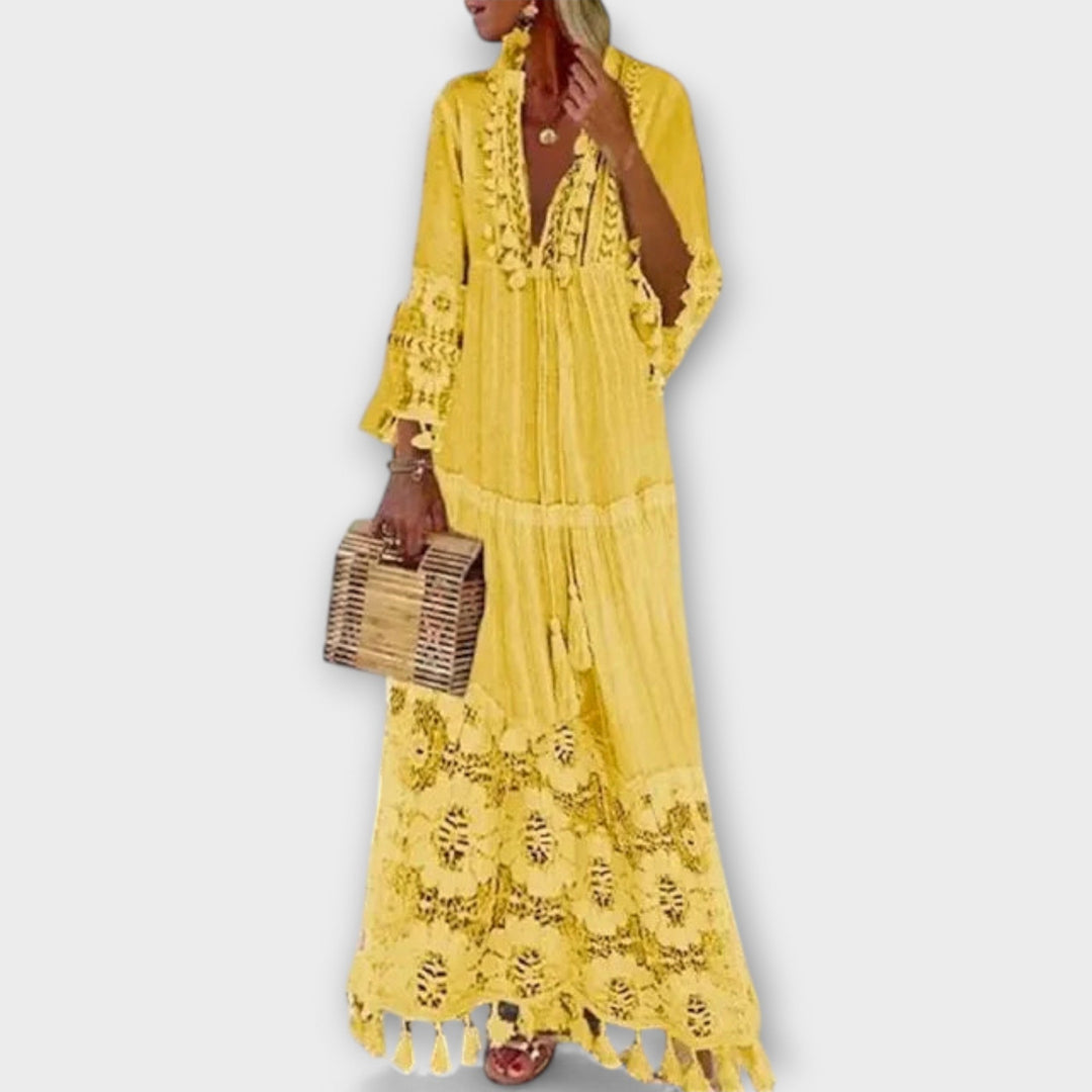 Classic Bohemian Style Long Dress with Long Sleeves, Lace, and Tassels