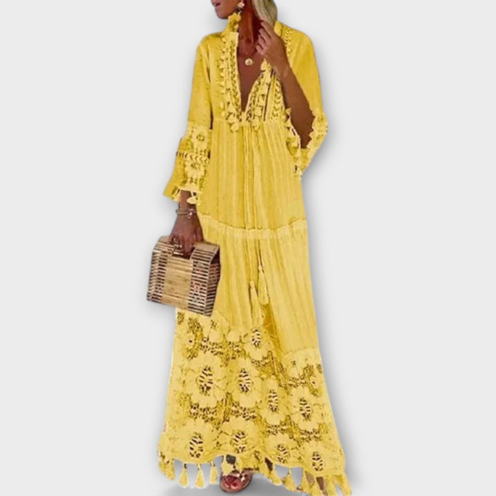 Classic Bohemian Style Long Dress with Long Sleeves, Lace, and Tassels