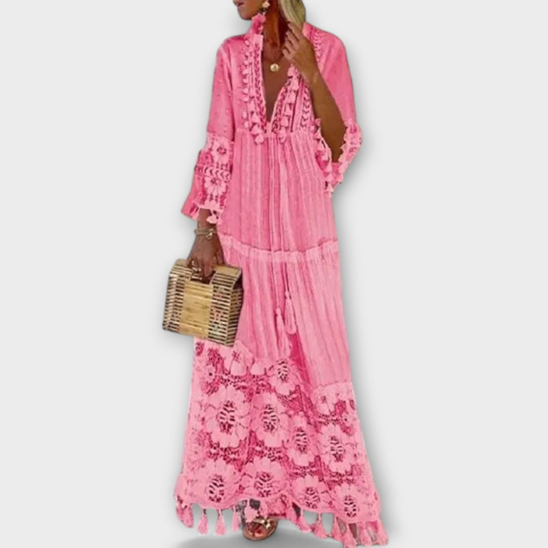 Classic Bohemian Style Long Dress with Long Sleeves, Lace, and Tassels