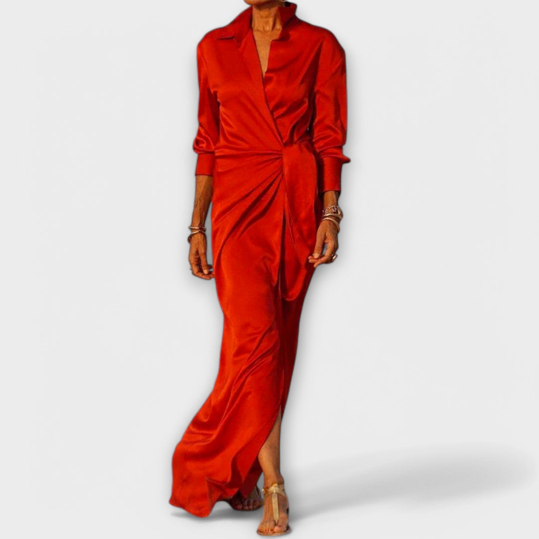 Elegant Women's Dress with Tie Belt and Long Sleeves
