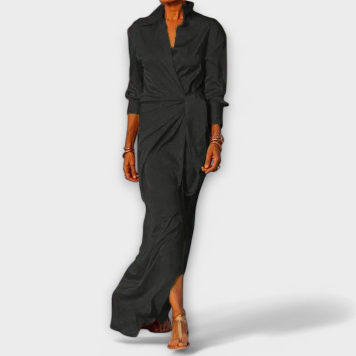 Elegant Women's Dress with Tie Belt and Long Sleeves